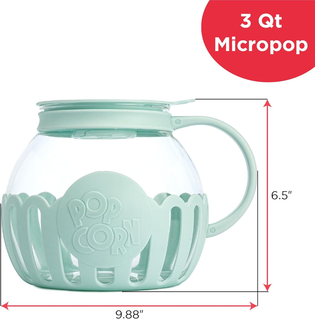 Patented Micro-Pop Microwave Popcorn Popper with Temperature Safe Glass, 3-In-1 Lid Measures Kernels and Melts Butter, Made without BPA, Dishwasher Safe, 3-Quart, Aqua