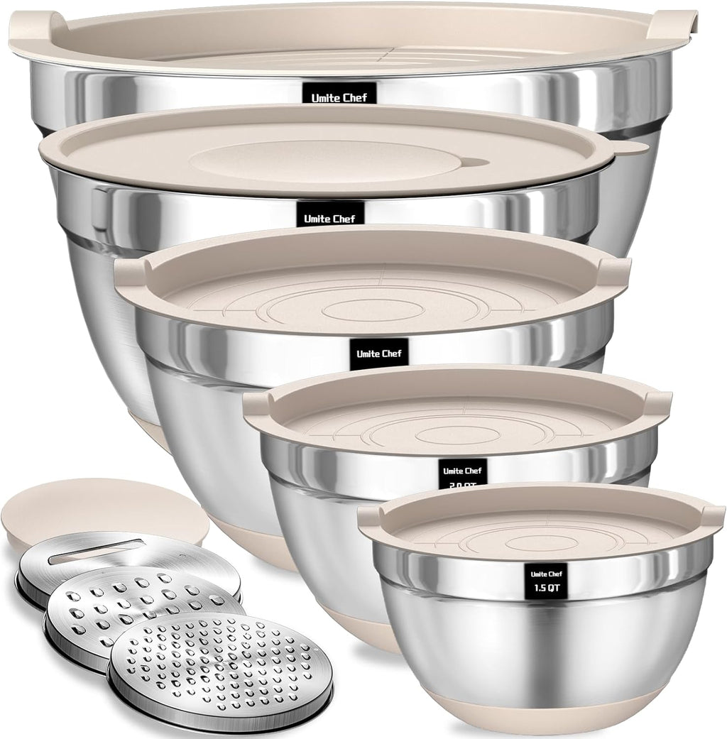 Mixing Bowls with Airtight Lids Set, 8PCS Stainless Steel Nesting Bowls with Grater Attachments, Non-Slip Bottoms, 5, 4, 3.5, 2, 1.5QT for Mixing & Serving