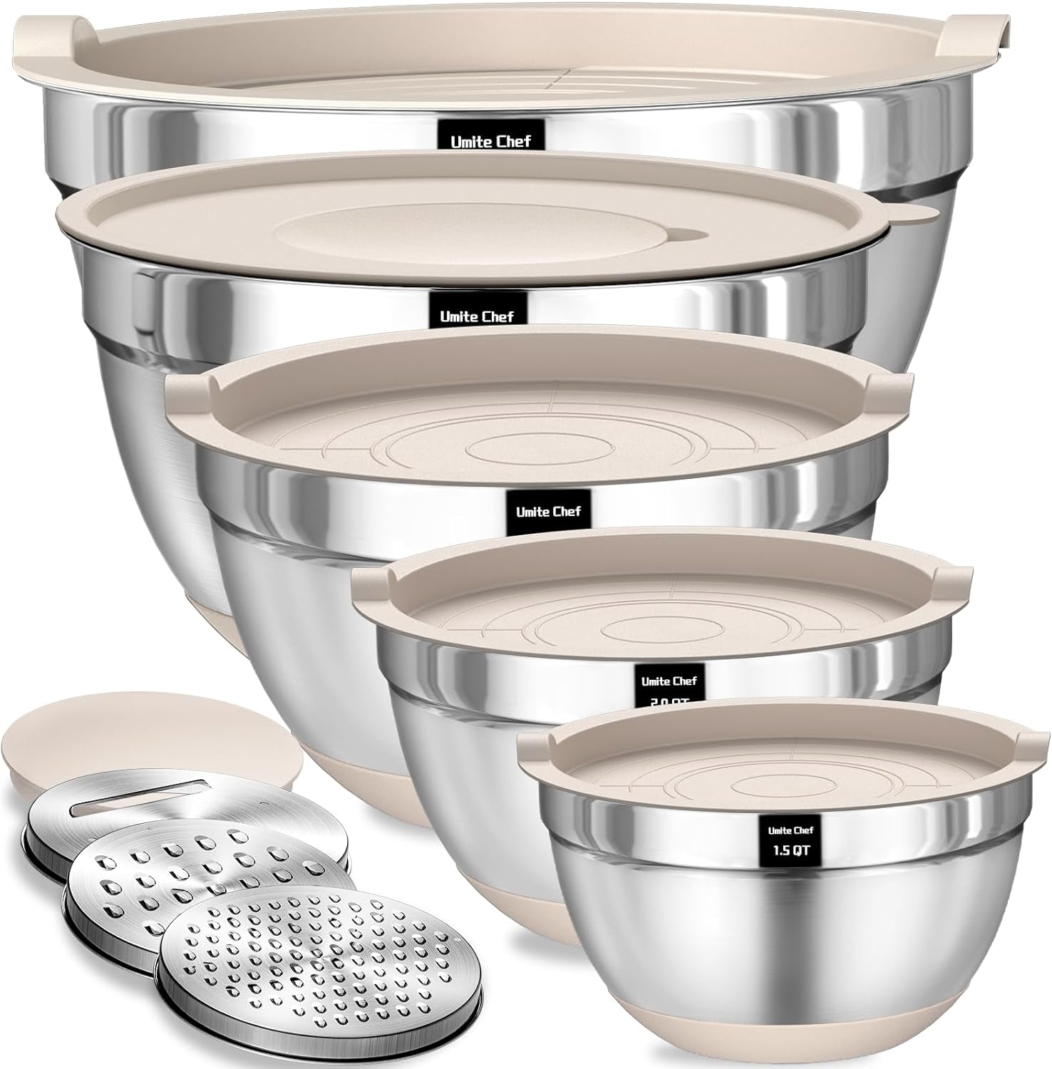 Mixing Bowls with Airtight Lids Set, 8PCS Stainless Steel Nesting Bowls with Grater Attachments, Non-Slip Bottoms, 5, 4, 3.5, 2, 1.5QT for Mixing & Serving