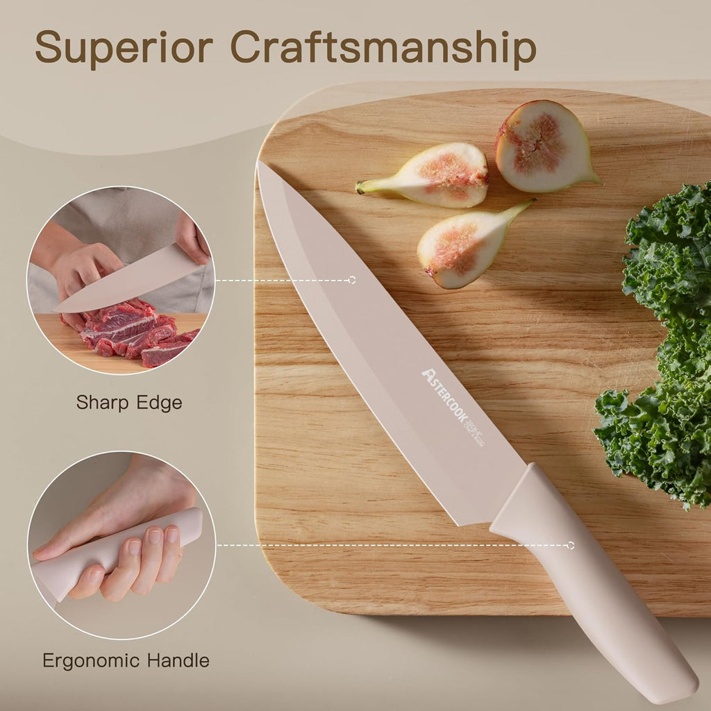 Knife Set, 13 Pieces Kitchen Knives Set with Healthy Anti-Rust Coating, Dishwasher Safe, Stainless Steel Chef Knife Sets with 6 Blade Guards, Perfect Mothers Day Gifts for Kitchen