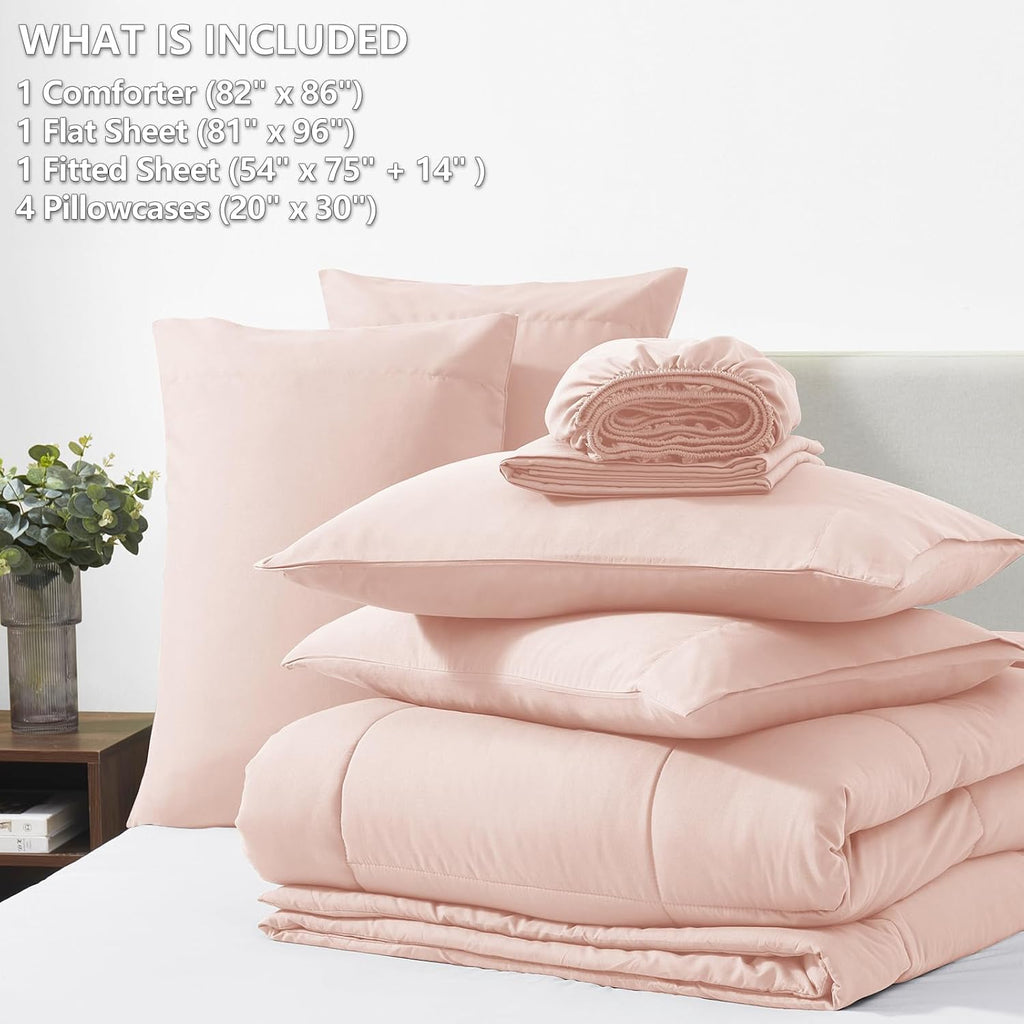 Full Size Comforter Sets Blush Pink, 7 Pieces Bed in a Bag, Pink Comforter Full Size, All Season Bedding Sets with Stitch Quilted Comforter, Flat Sheet, Fitted Sheet, Pillowcases