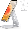 Adjustable Cell Phone Stand,  Aluminum Desktop Cellphone Stand with Anti-Slip Base and Convenient Charging Port, Fits All Smart Phones, Silver