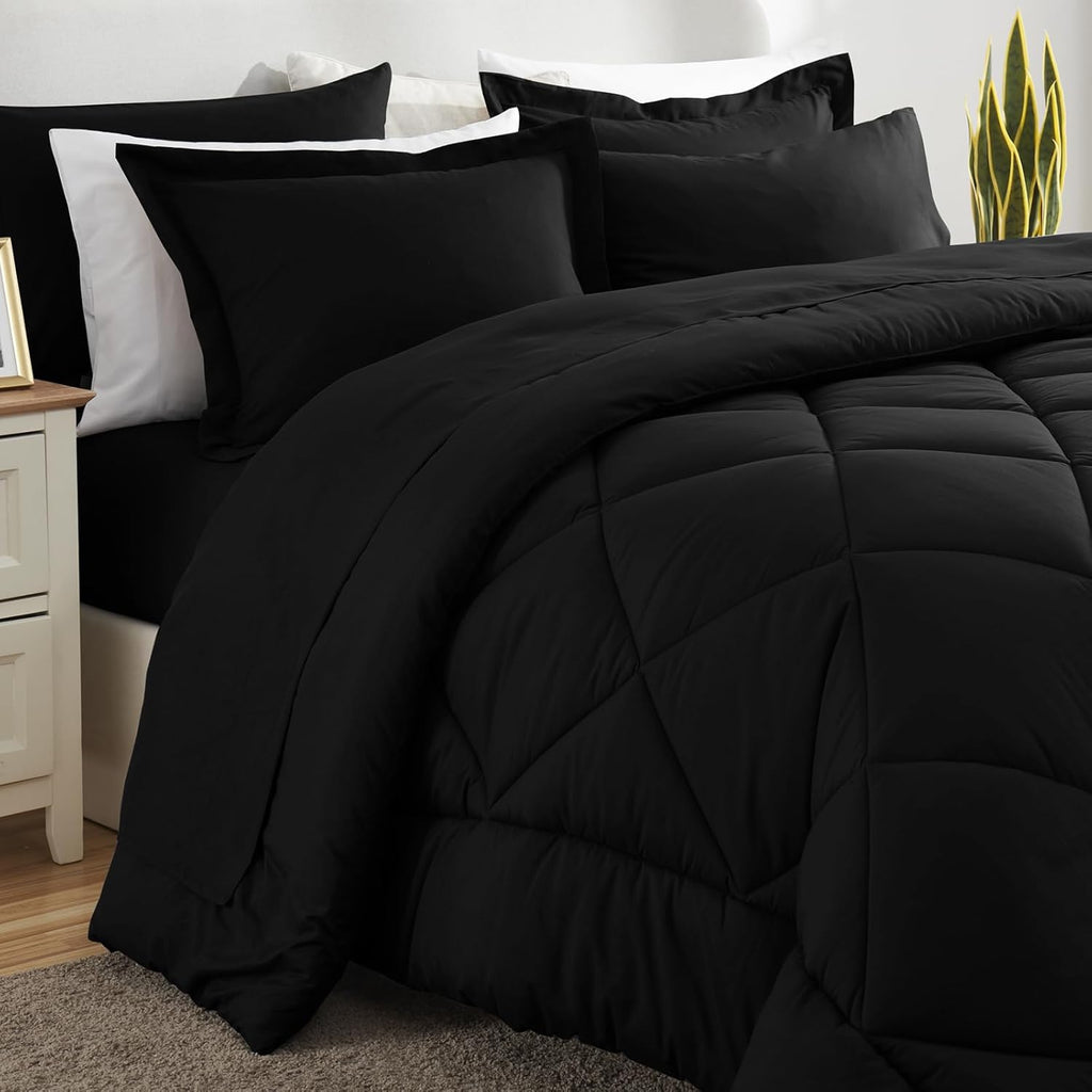 Queen Comforter Set Black - Bed in a Bag Queen Size 7 Pieces, Luxury Soft Bed Set for All Seasons, Bedding Set with down Alternative Comforter, Sheets, Pillowcases & Shams