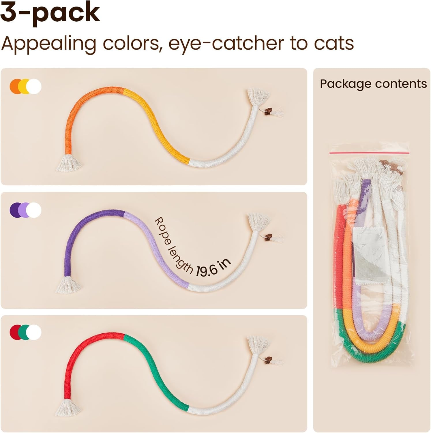 Cat Toys Chew Ropes 3Pcs with Refillable Natural Catnip, Safe Teeth Cleaning Toy for Indoor Kittens, Interactive Cat Nip Kitty Toys for All Breeds 19.5 Inches