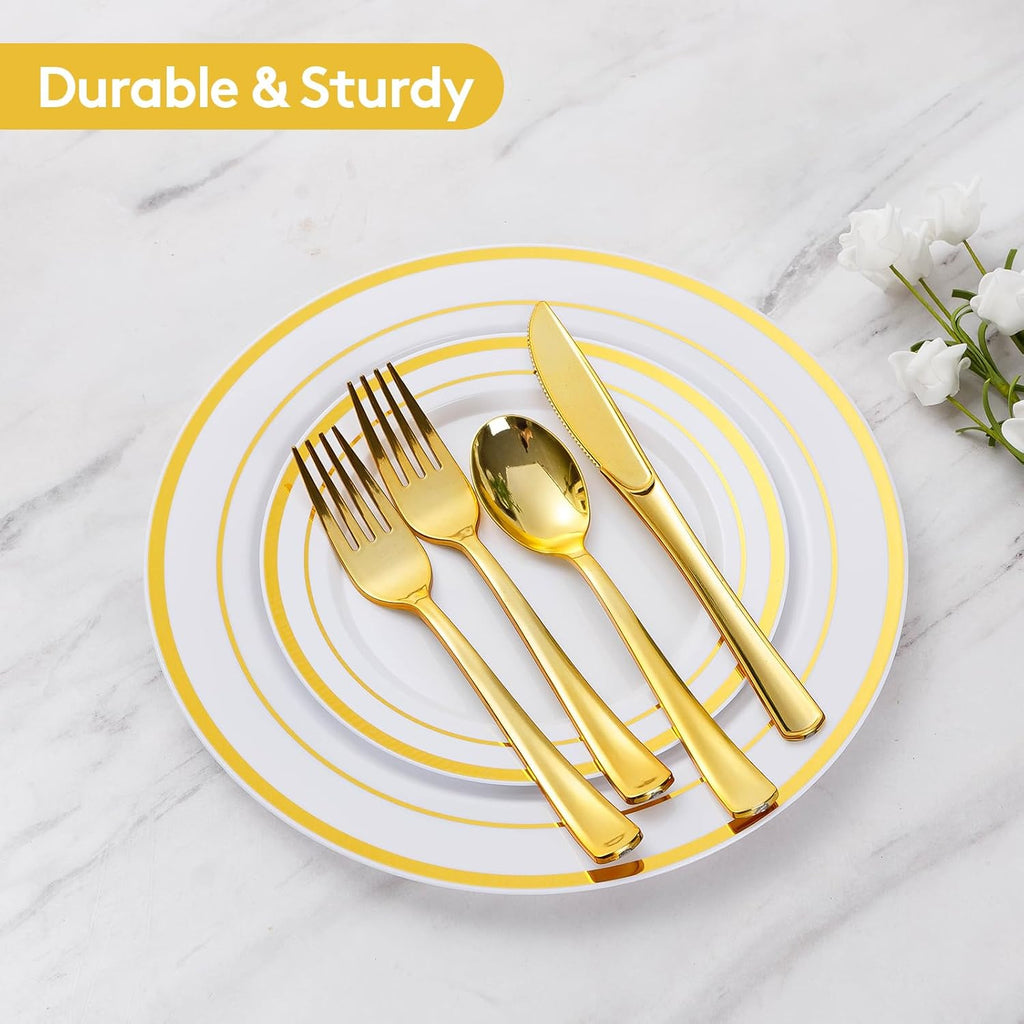 600 Pieces Gold Disposable Plates for 100 Guests, Plastic Plates for Party, Dinnerware Set of 100 Dinner and 100 Dessert Plates, 100 Spoons, 100 Forks, 100 Knives, 100 Cups