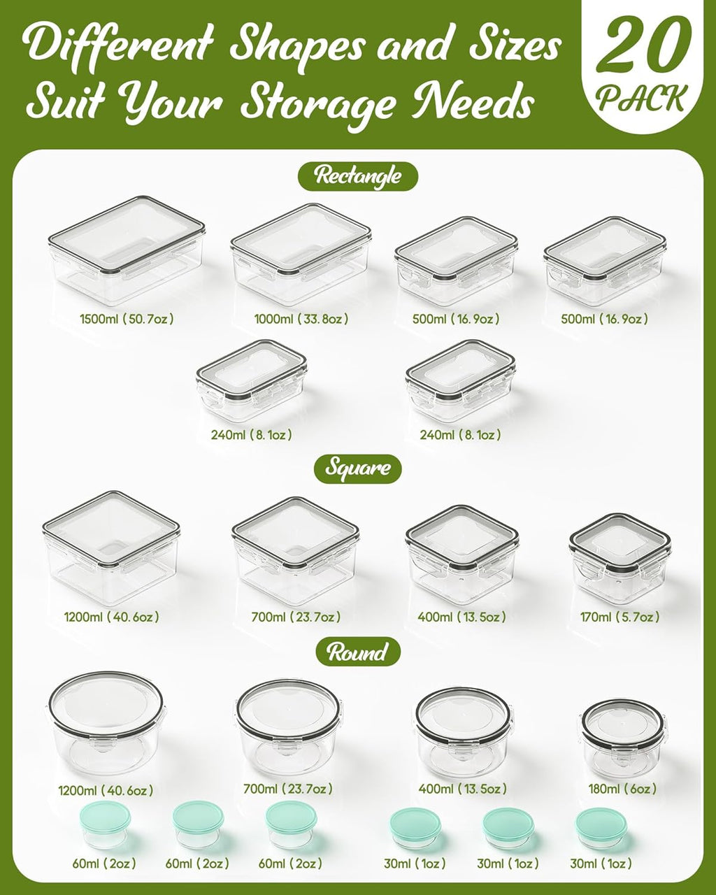 40 Piece Food Storage Containers with Lids(20 Containers & 20 Lids), Bpa-Free Plastic Food Containers for Kitchen Storage and Organization, Leak Proof Meal Prep Container, Includes Labels & Pen