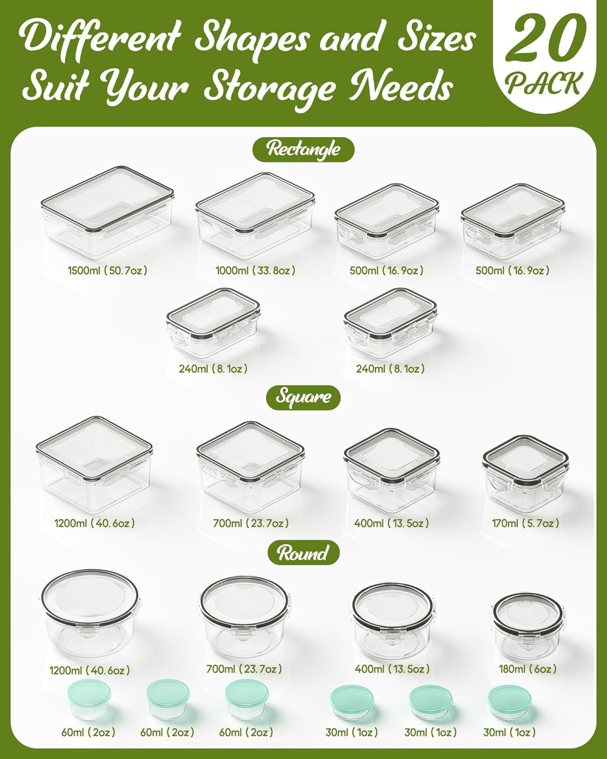 40 Piece Food Storage Containers with Lids(20 Containers & 20 Lids), Bpa-Free Plastic Food Containers for Kitchen Storage and Organization, Leak Proof Meal Prep Container, Includes Labels & Pen