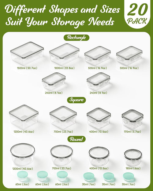 40 Piece Food Storage Containers with Lids(20 Containers & 20 Lids), Bpa-Free Plastic Food Containers for Kitchen Storage and Organization, Leak Proof Meal Prep Container, Includes Labels & Pen