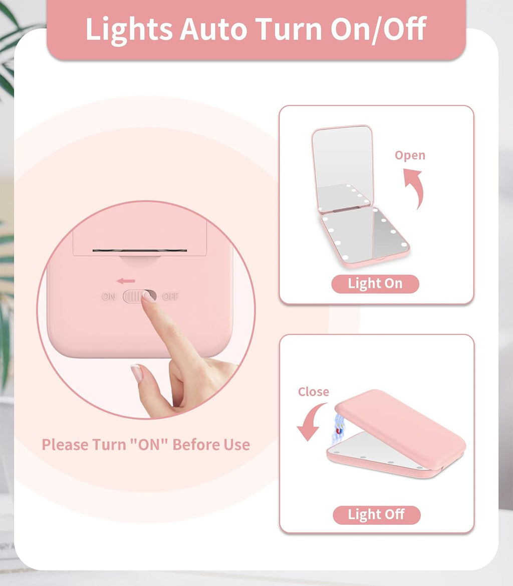 Small Lighted Makeup Mirror for Purse, 1X/3X Magnification LED Compact Travel Mirror with Light, Portable Mirror for Pocket or Bag, Cute Pink Gift for Girls,Women
