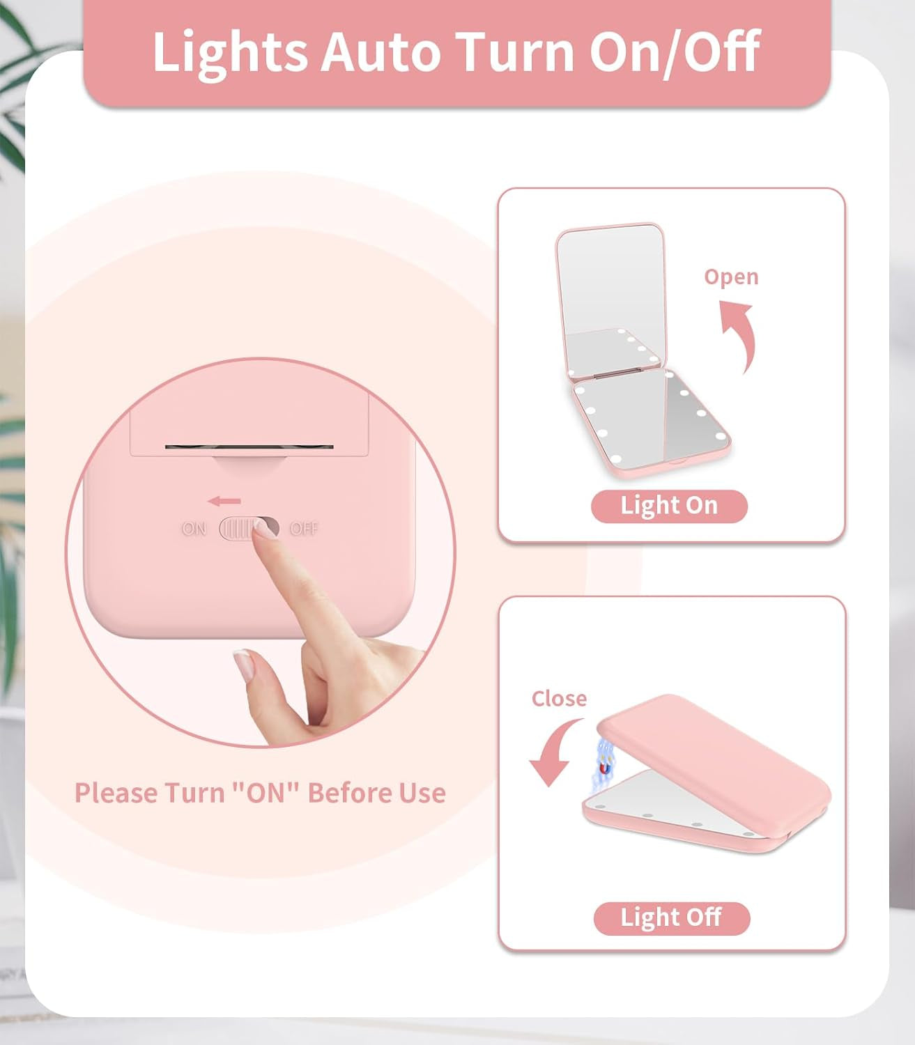 Small Lighted Makeup Mirror for Purse, 1X/3X Magnification LED Compact Travel Mirror with Light, Portable Mirror for Pocket or Bag, Cute Pink Gift for Girls,Women