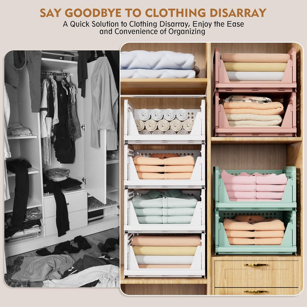 5 Pack Stackable Closet Storage Basket, Multifunctional & Foldable Closet Organizer for Bathroom Kitchen Laundry Room Wardrobe Storage, Space-Saving Clothes Storage Drawer Organizer, White