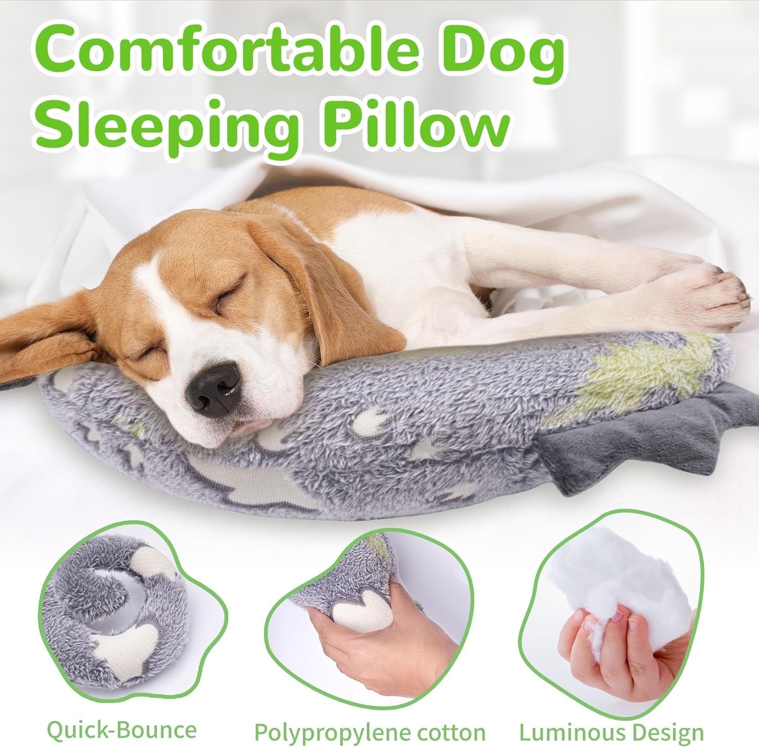 Dog Calming Pillow - Cute Soft Animal Pillow for Dogs, Cats, Kids, Adults, Washable Cozy Relaxing Pet Bed Pillow, Glow in the Dark Dog Neck Pillow (Grey, Large)