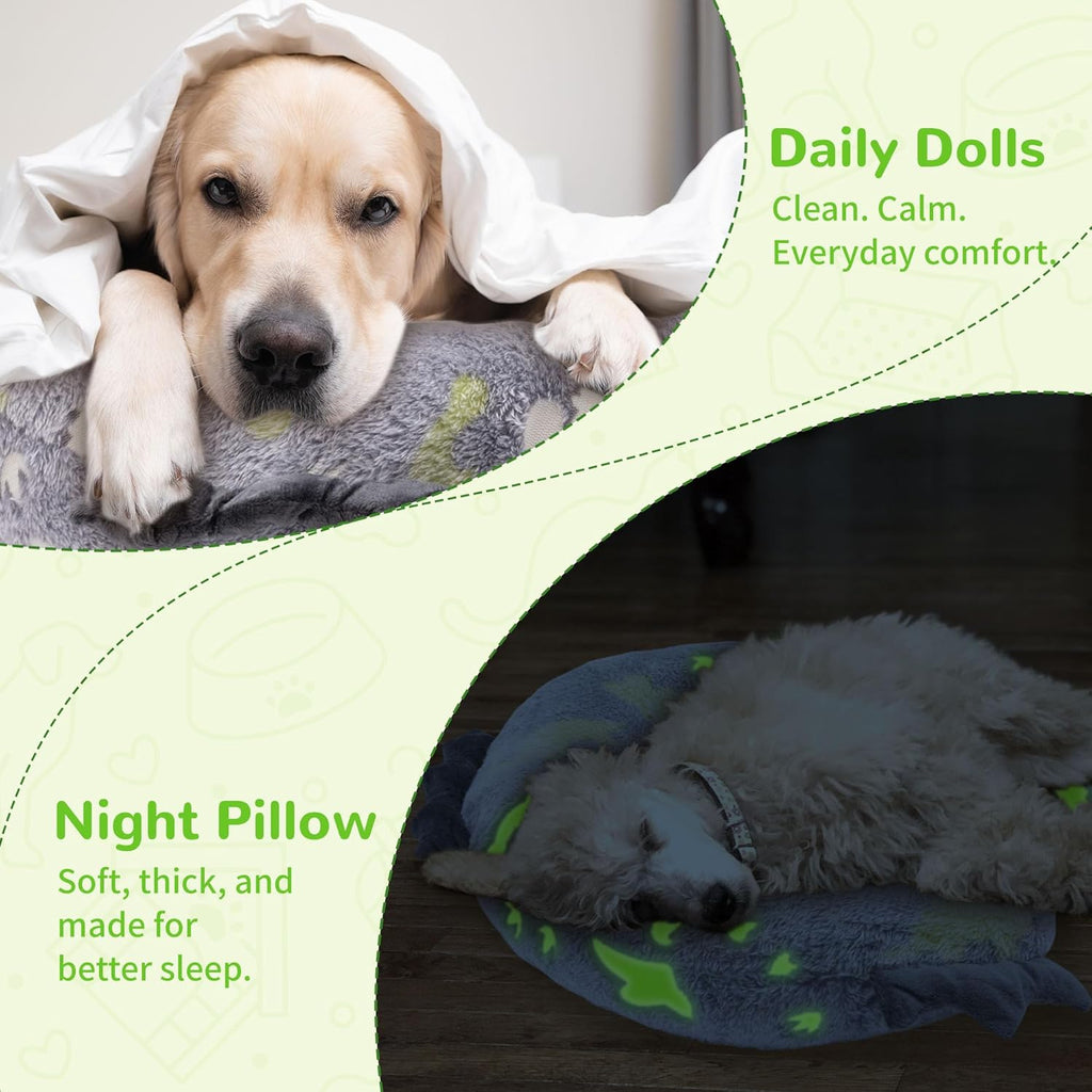 Dog Calming Pillow - Cute Soft Animal Pillow for Dogs, Cats, Kids, Adults, Washable Cozy Relaxing Pet Bed Pillow, Glow in the Dark Dog Neck Pillow (Grey, Large)