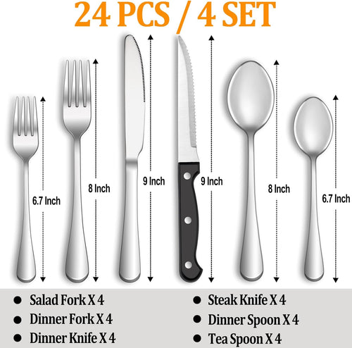 24 Pcs Silverware Set with Steak Knives Service for 4,Stainless Steel Flatware Set,Mirror Polished Cutlery Utensil Sets,Home Kitchen Eating Tableware,Include Fork Knife Spoon,Dishwasher Safe