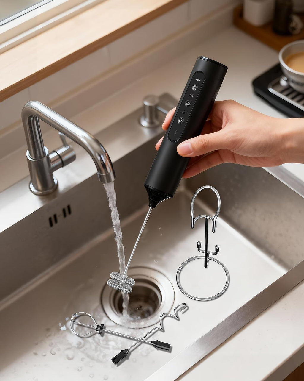 Rechargeable Handheld Milk Frother Wand with Stand, 3 Variable Speeds, 3 Whisks and Storage Box, Electric Drink Mixer for Latte, Cappuccino, Hot Chocolate, Eggs and Protein Powder, Black