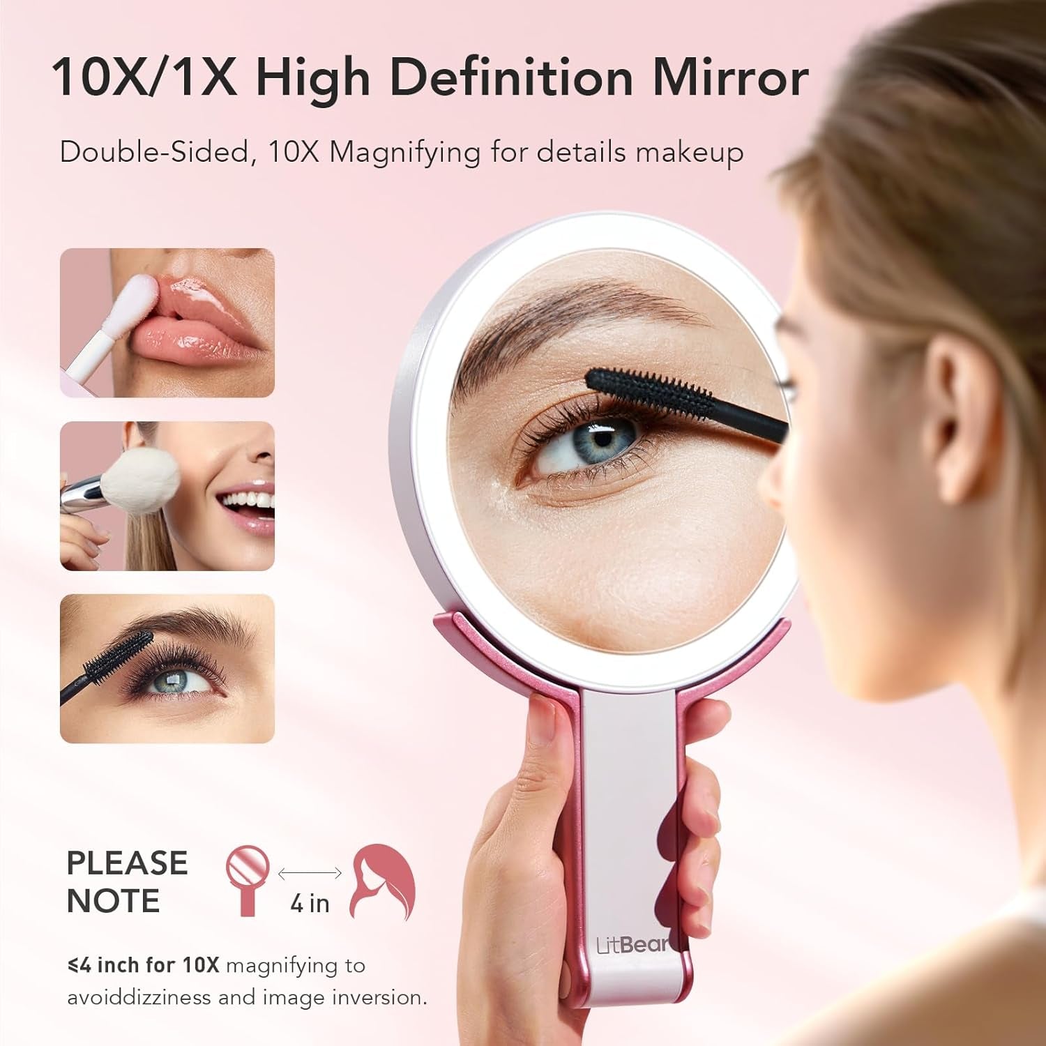 Travel Makeup Mirror with Lights, Rechargeable Double-Sided 10X/1X Magnifying Mirror, Portable Lighted Beauty Mirror, 3 Color Lighting, Dimmable Touch Screen, Tabletop Handhold Hanging (White)