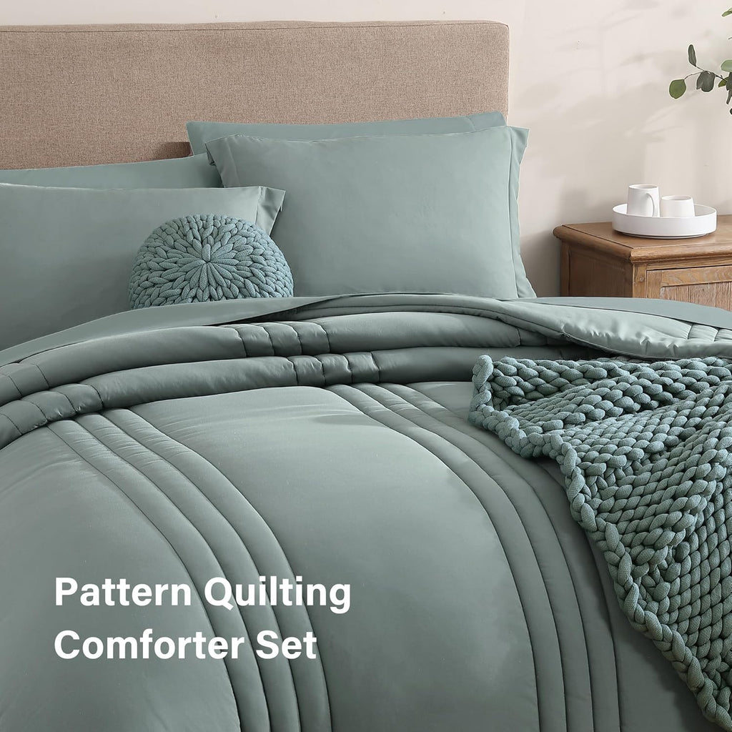 Full Size Comforter Sets - 7 Pieces Sage Green Bed in a Bag Full Size Bedding Sets with Comforter, Sheets, Pillowcases & Shams
