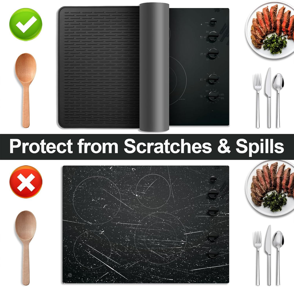 Stove Top Cover for Electric Stove- Range Covers for Electric Stove,Silicone XXL Dish Drying Mat, Glass Cooktop Covers, Flat RV Range Top Mats (Black, 28"X20")