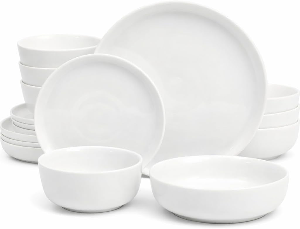 Oslo Dinnerware Set for 4, 16-Piece White Porcelain Plates and Bowls — Ceramic Dish Set | Microwave & Dishwasher Safe
