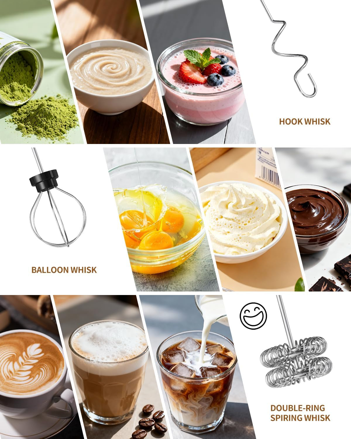 Rechargeable Handheld Milk Frother Wand with Stand, 3 Variable Speeds, 3 Whisks and Storage Box, Electric Drink Mixer for Latte, Cappuccino, Hot Chocolate, Eggs and Protein Powder, Black