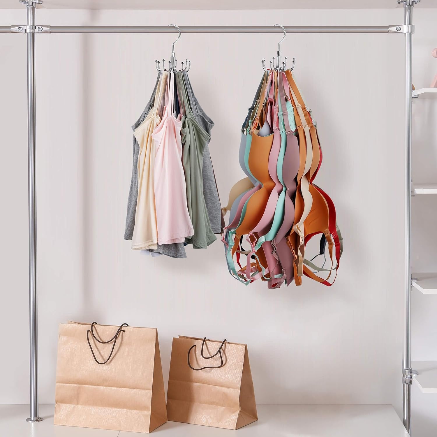 Tank Top Hanger, Rotatable Bra Organzier for Closet, Max 24 Storage Capacity Sport Bras Holder, Metal Space Saving Closet Organizers and Storage, Silver