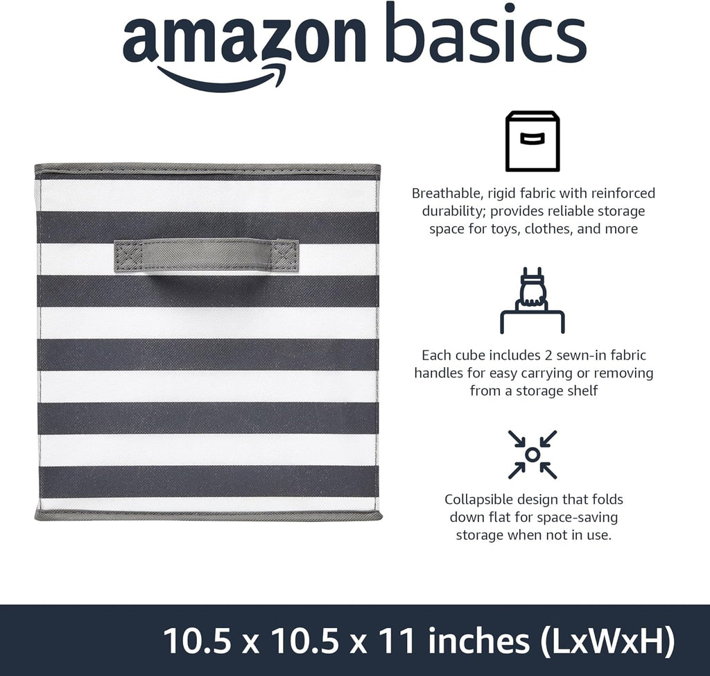 Collapsible Fabric Storage Bins with Handles, Cube Organizer for Home Organization, .5"X.5"X11", White/Light Grey Stripe, 6-Pack
