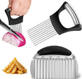 Stainless Steel Onion Holder for Slicing & Crinkle Cutter - Onion Slicer Holder, French Fry Cutter, Vegetable Cutter for Potatoes, Lemon, Tomatoes - Multi-Use Kitchen Gadgets with Ergonomic Handle