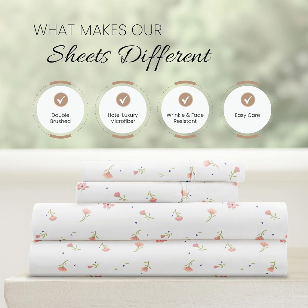 4 Piece Queen Sheet Set - Breathable, Double-Brushed Patterned Cooling Sheets – Oeko-Tex Certified Ultra Soft & Wrinkle-Free 16" Deep-Pocket Queen Sheets - Easy Care Soft Floral Pink
