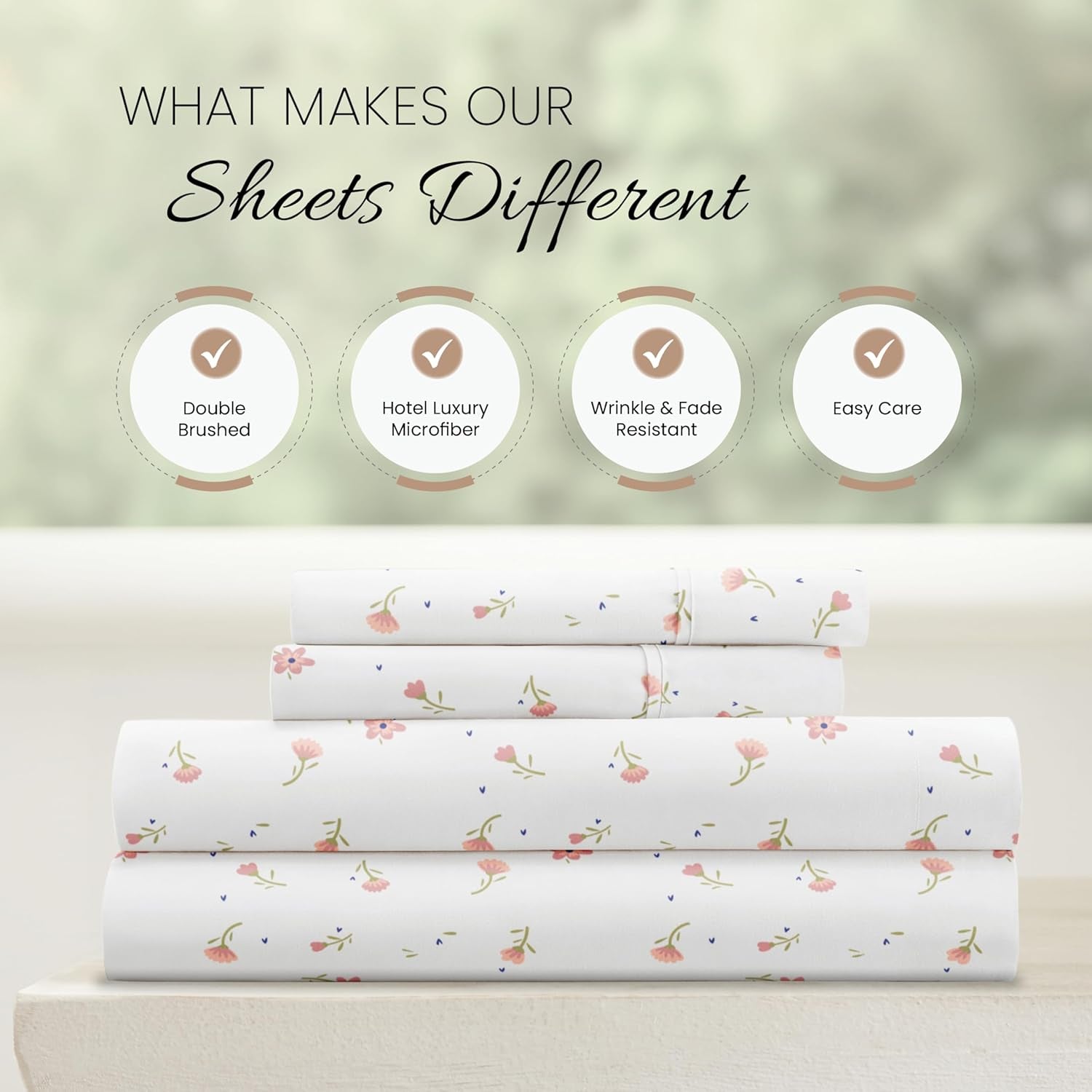 4 Piece Queen Sheet Set - Breathable, Double-Brushed Patterned Cooling Sheets – Oeko-Tex Certified Ultra Soft & Wrinkle-Free 16" Deep-Pocket Queen Sheets - Easy Care Soft Floral Pink