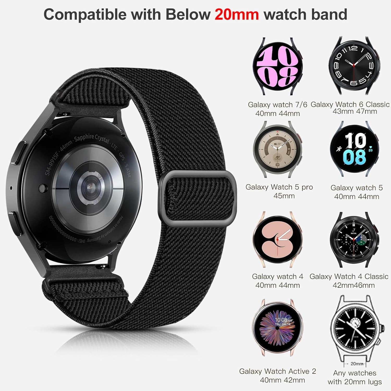 Elastic Bands Compatible with Samsung Galaxy Watch 8 7 6 5 4 40Mm 44Mm/Galaxy Watch 8 Classic 6 4 Classic 43Mm 47Mm 42Mm 46Mm/5 Pro Band 45Mm/Active 2,3 Pack 20Mm Adjustable Nylon Sport Band