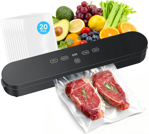 75Kpa Vacuum Sealer Machine, Compact Vacuum Sealer for Food, 4-In-1 Food Sealer, Digital Timer, Moist/Dry, Pulse, Seal Modes, with 20 Vacuum Bags, Black