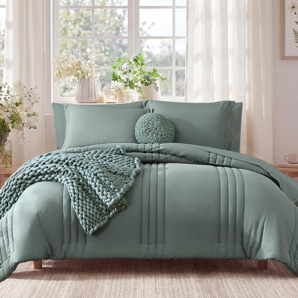 Full Size Comforter Sets - 7 Pieces Sage Green Bed in a Bag Full Size Bedding Sets with Comforter, Sheets, Pillowcases & Shams