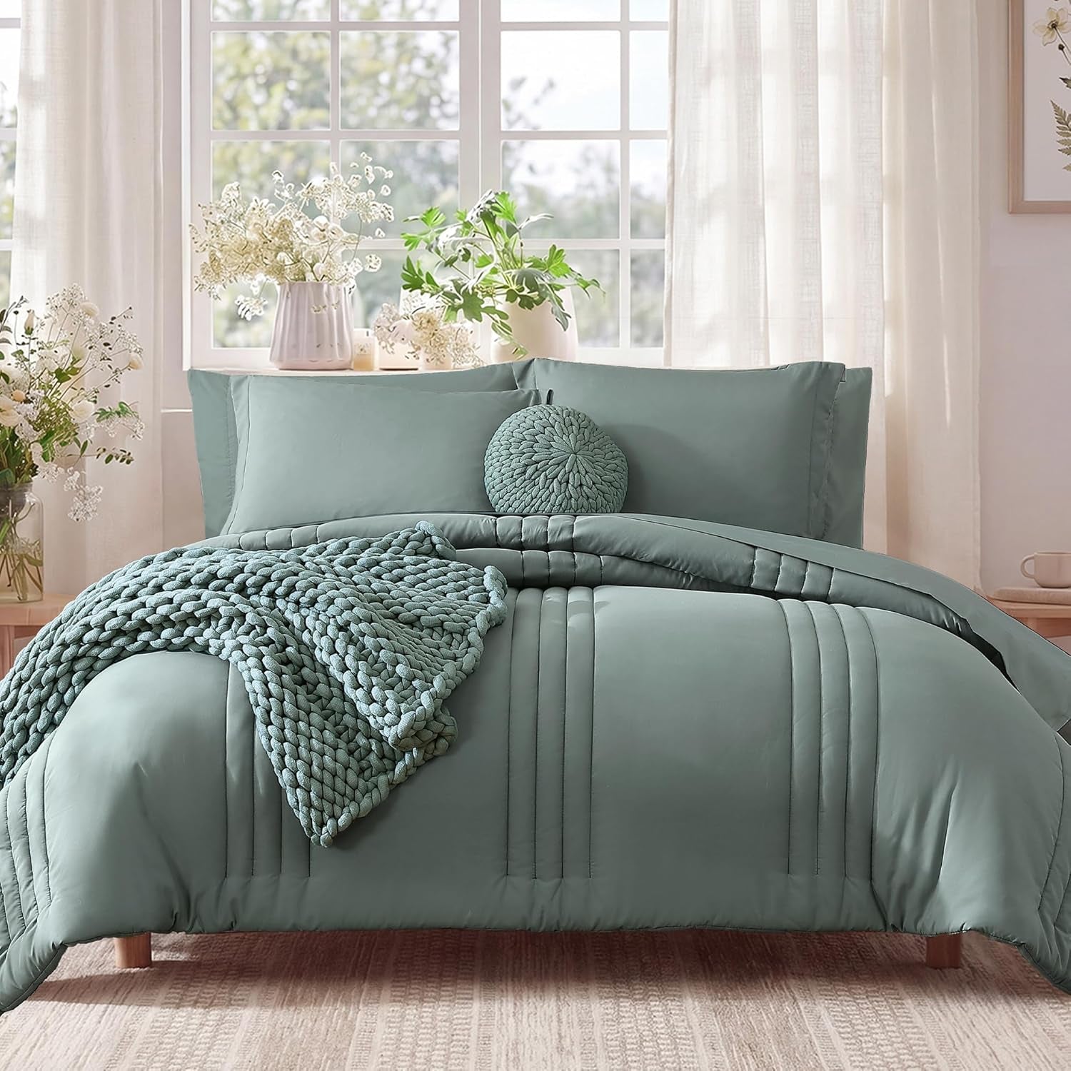 Full Size Comforter Sets - 7 Pieces Sage Green Bed in a Bag Full Size Bedding Sets with Comforter, Sheets, Pillowcases & Shams