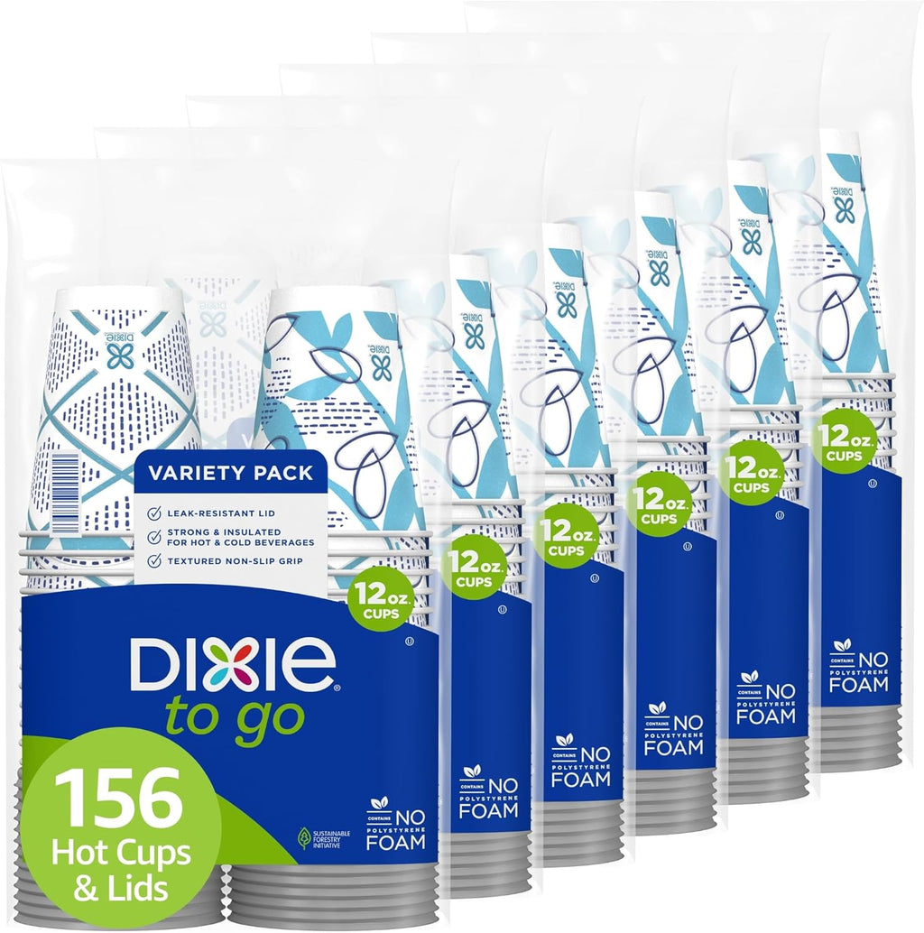 Paper Coffee Cups with Lids, 12 Oz, 156 Count (6 Packs of 26 Cups), Disposable Insulated Paper Cups for On-The-Go Hot or Cold Beverages