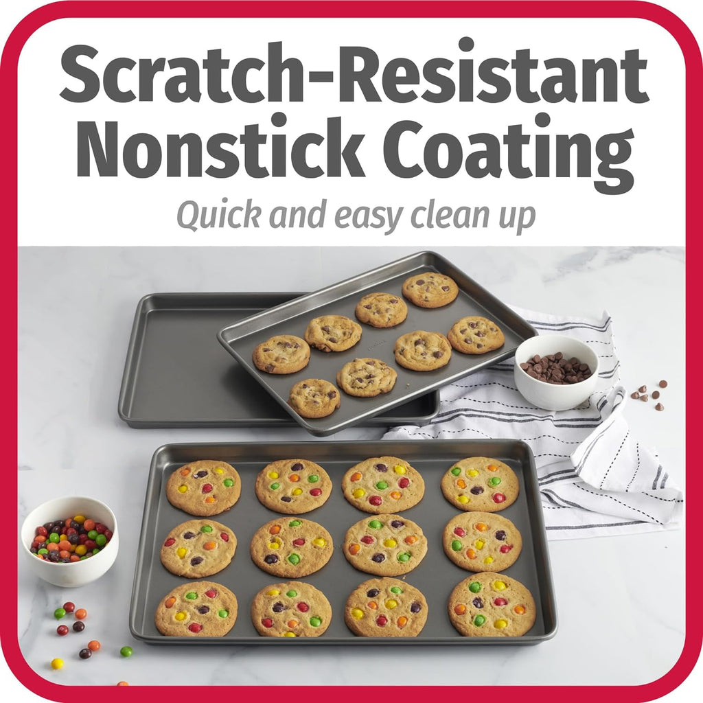 Everyday Nonstick Baking Sheet Set, 3 Pack Includes Small (13×9) Medium (15×1) and Large (17×11) Pans Carbon Steel Construction Cookie Sheets Bakeware Set, Gray