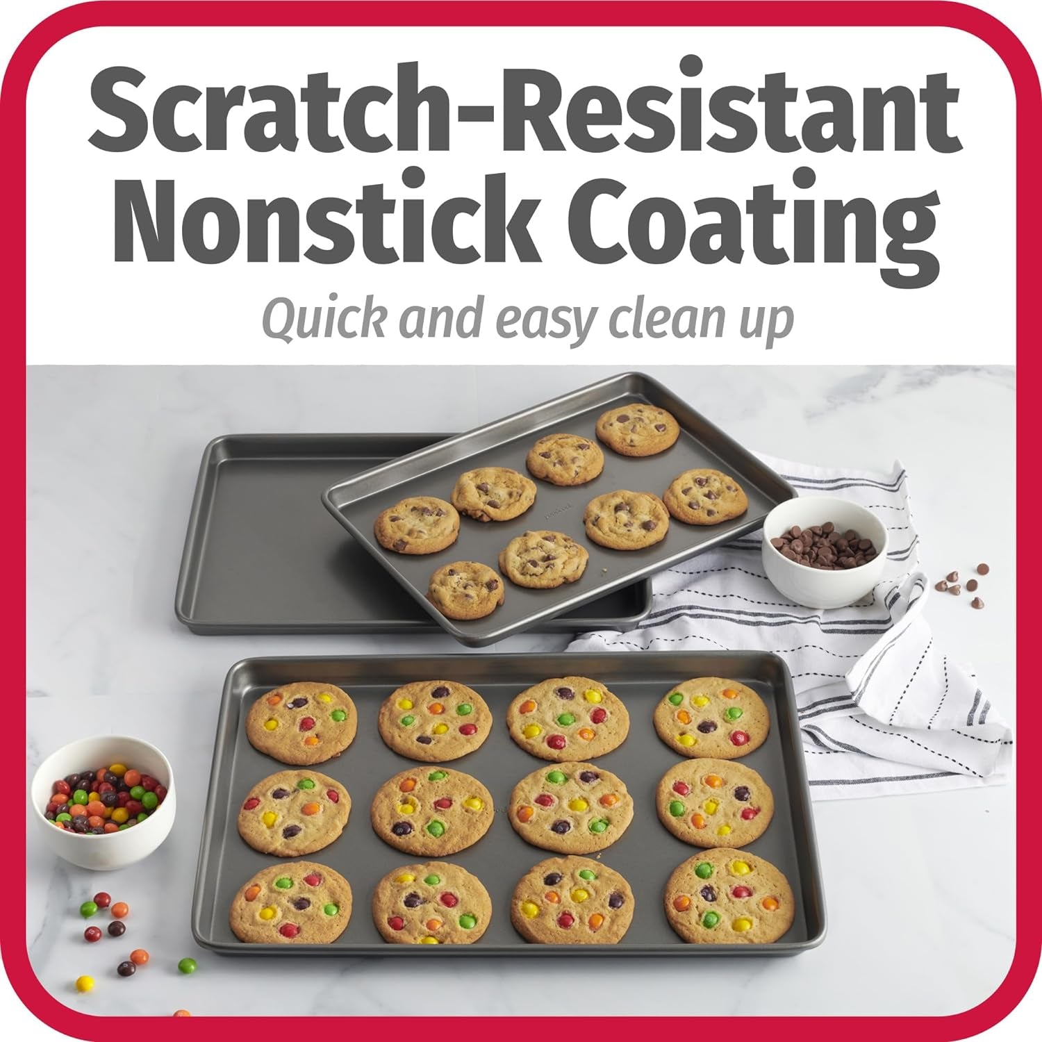 Everyday Nonstick Baking Sheet Set, 3 Pack Includes Small (13×9) Medium (15×1) and Large (17×11) Pans Carbon Steel Construction Cookie Sheets Bakeware Set, Gray