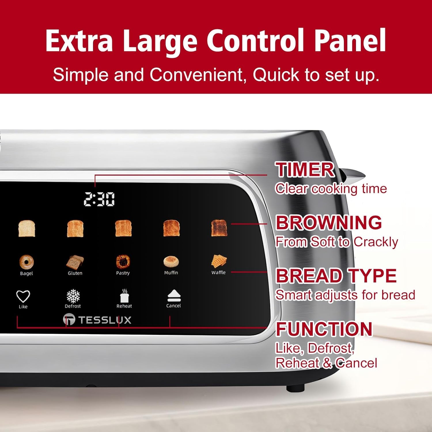4 Slice Toaster with Touch Screen Control, 1.5" Wide Long Slots, 6 Browning Levels & 6 Bread Types, Digital Timer, Memory, Defrost, Reheat (SILVERY)