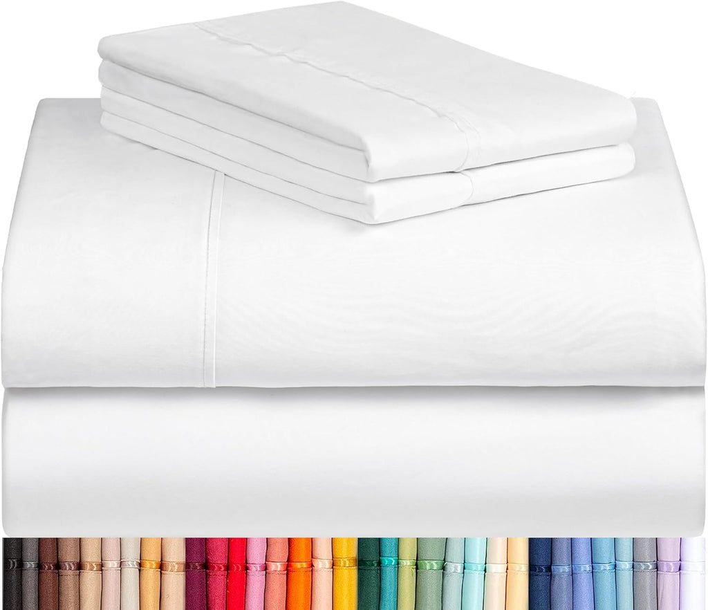 Queen Sheet Set, 4PC Bed Sheets Queen Size, Deep Pocket Cooling Bed Sheets, Soft Hotel Luxury Bedding for Mattress Wrinkle Free, Silky Fitted Sheet & Pillowcase Sets, White