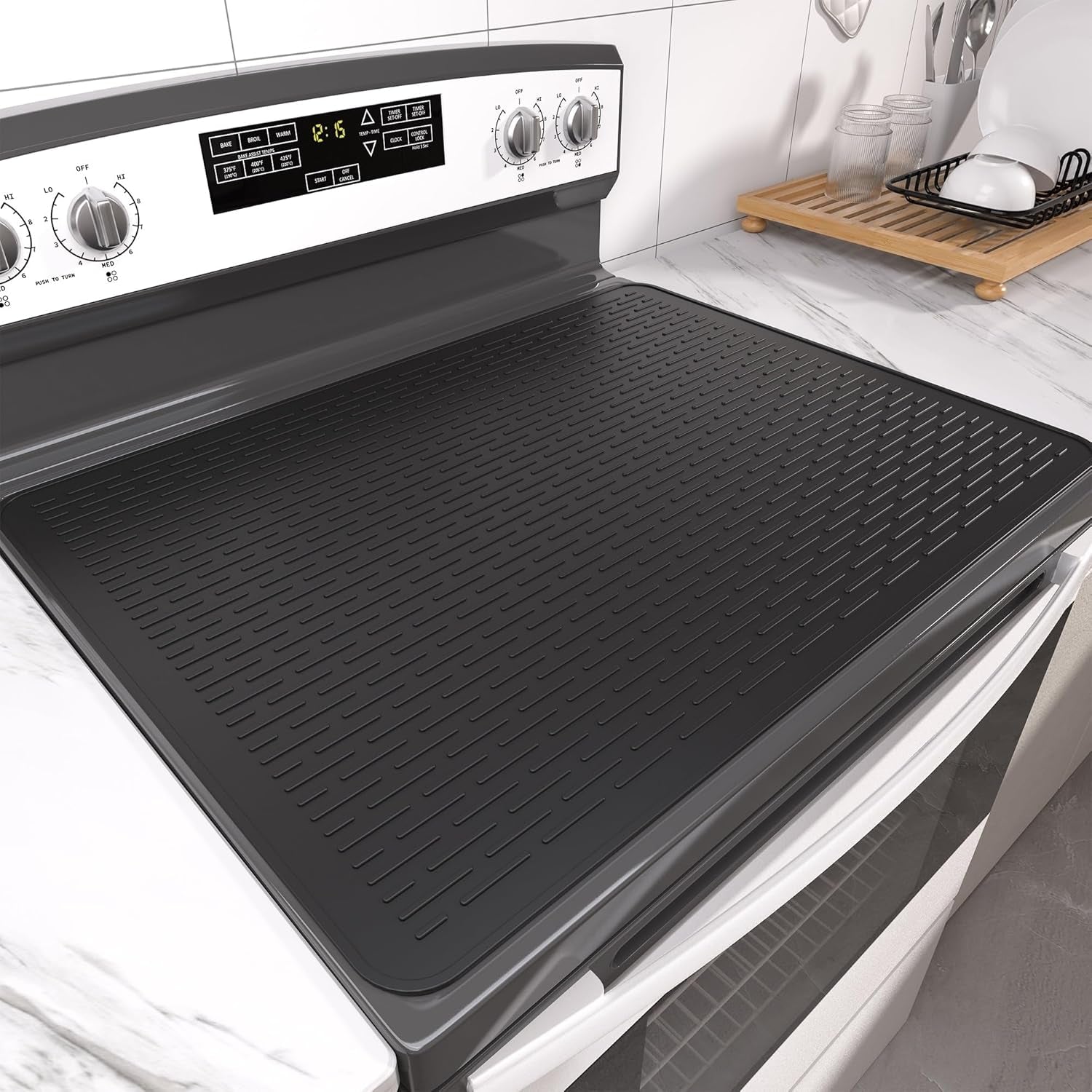 Stove Top Cover for Electric Stove- Range Covers for Electric Stove,Silicone XXL Dish Drying Mat, Glass Cooktop Covers, Flat RV Range Top Mats (Black, 28"X20")