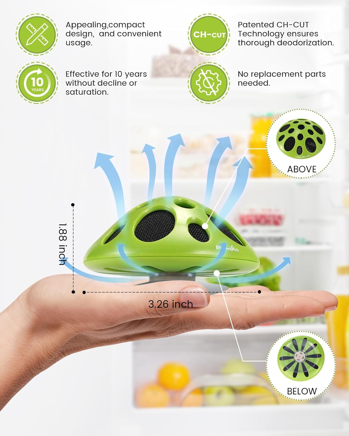 Fridge Deodorizer,Last up to 10 Years,Refrigerator Odor Eliminator,Fridge Smell Eliminator,More Effective than Baking Soda and Bamboo Charcoal Air Purifying Bags,Green