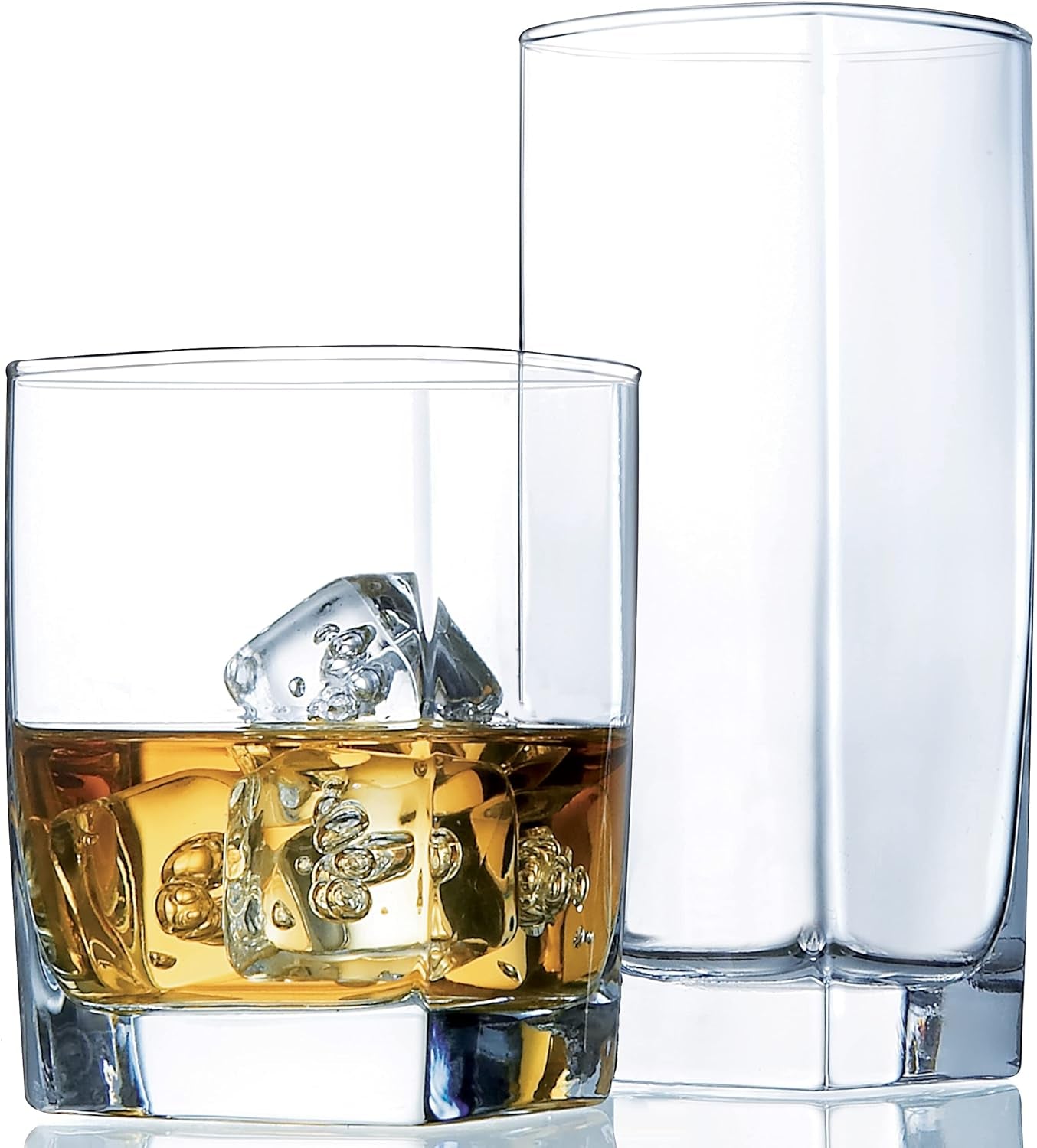 Collins Everyday Drinking Glasses Set of 16 Drinkware Kitchen Glasses for Cocktail, Iced Coffee, Beer, Ice Tea, Wine, Whiskey, Water, 8 Tall Highball Glass Cups & 8 Short Old Fashioned.