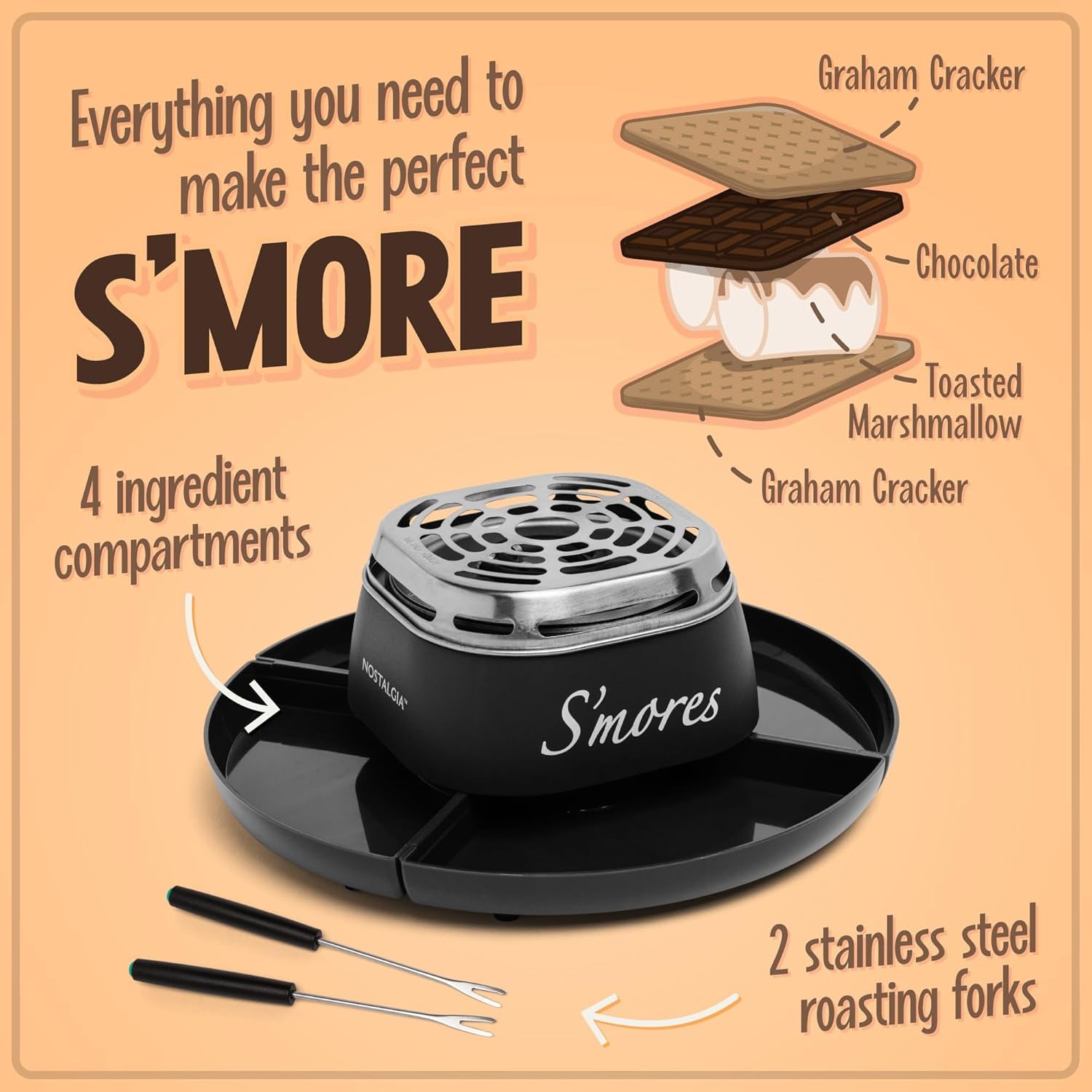 Tabletop Indoor Electric S'Mores Maker - Smores Kit with Marshmallow Roasting Sticks and 4 Trays for Graham Crackers, Chocolate, and Marshmallows - Movie Night Supplies - Black