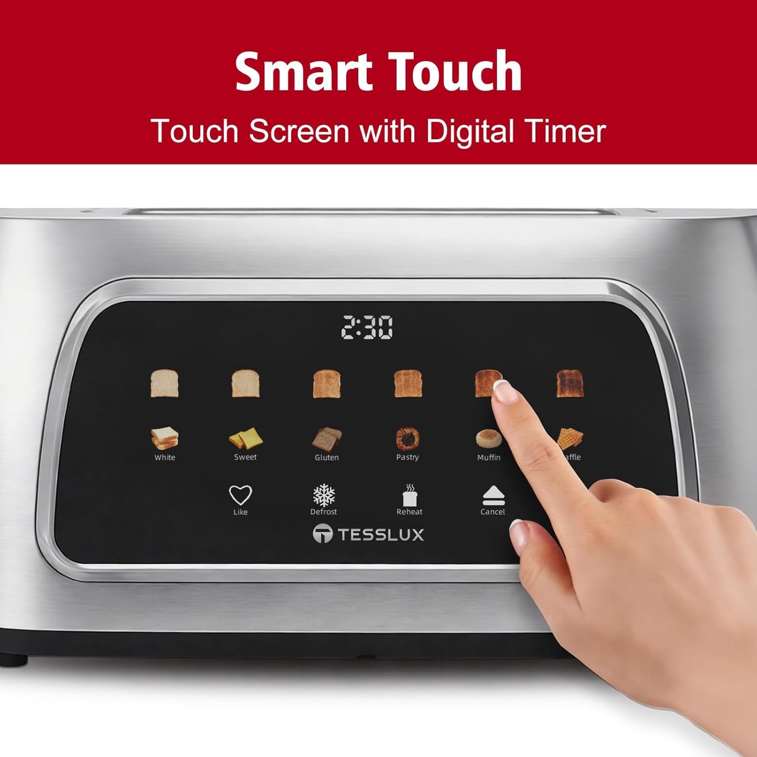 4 Slice Toaster with Touch Screen Control, 1.5" Wide Long Slots, 6 Browning Levels & 6 Bread Types, Digital Timer, Memory, Defrost, Reheat (SILVERY)