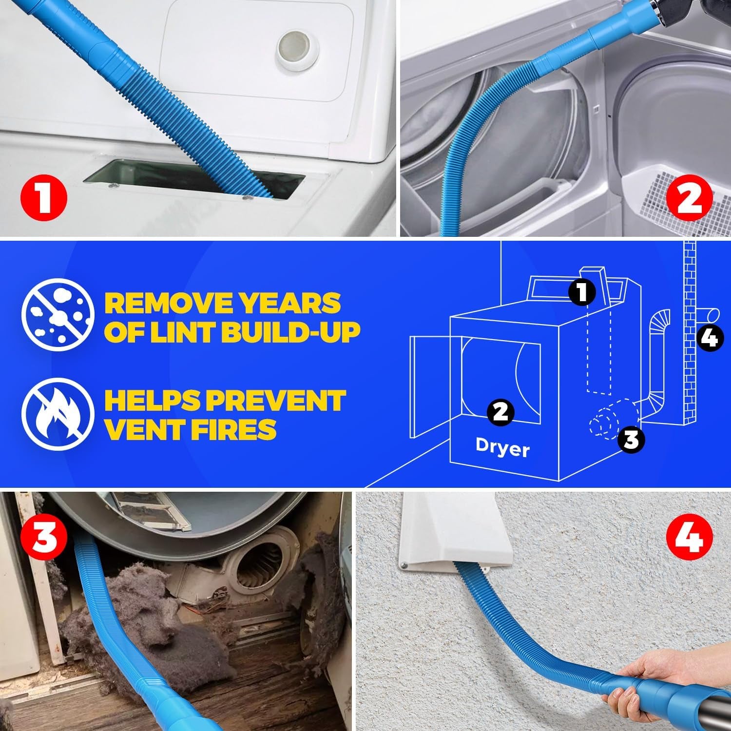 2 Pieces Dryer Vent Cleaner Kit, Dryer Lint Vacuum Attachment and Flexible Dryer Lint Brush, Dryer Vent Vacuum Hose Attachment,Blue
