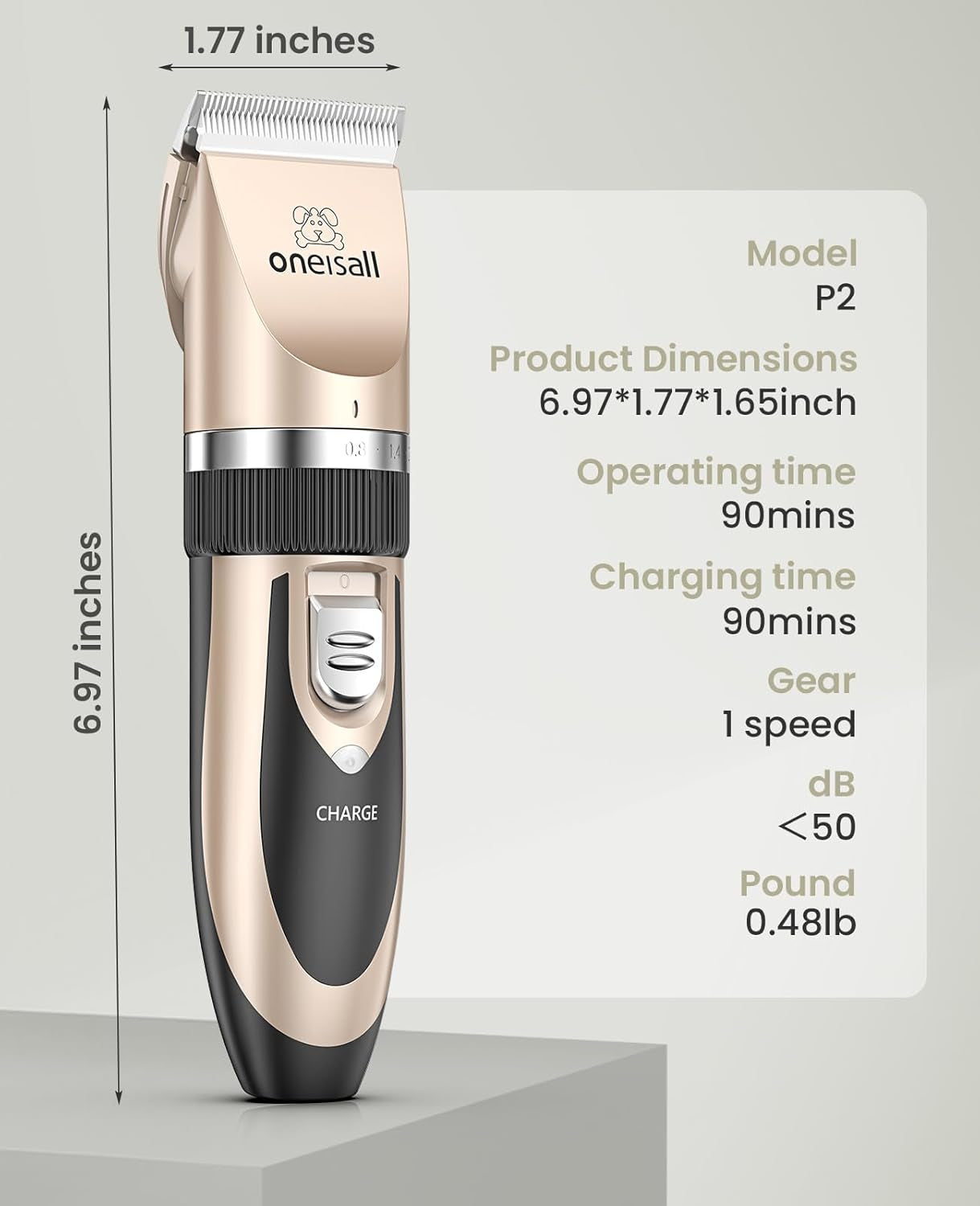 Dog Clippers Low Noise, Dog Grooming Kit with Rechargeable, Pet Shaver Cordless Electric Quiet Hair Clipper Set for Dogs Cats Pets（Gold）