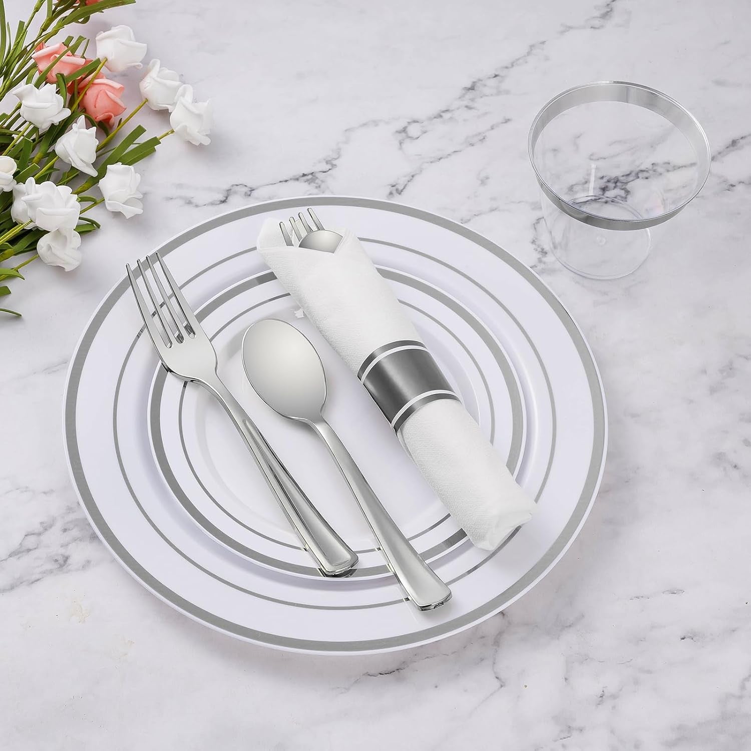 350 Piece Silver Plastic Dinnerware Set for 50 Guests, Fancy Disposable Plates for Party, Include: 50 Dinner Plates, 50 Dessert Plates, 50 Pre Rolled Napkins with Silver Silverware, 50 Cups