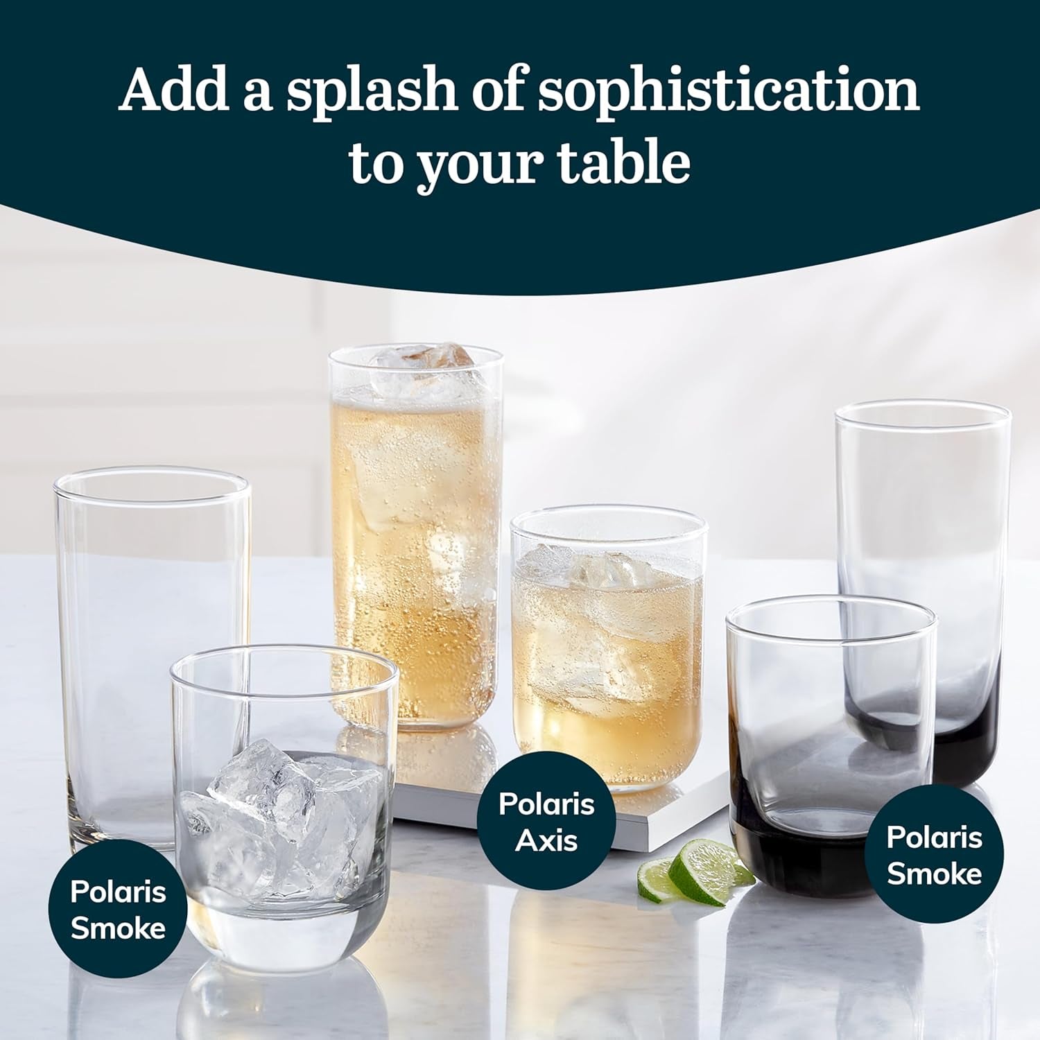 Polaris Tumbler and Rocks, Axis Glass Cups Set of 16, Elegant Mixed Drinking Glasses with Modern Clean Lines, Dishwasher Safe Glassware Set