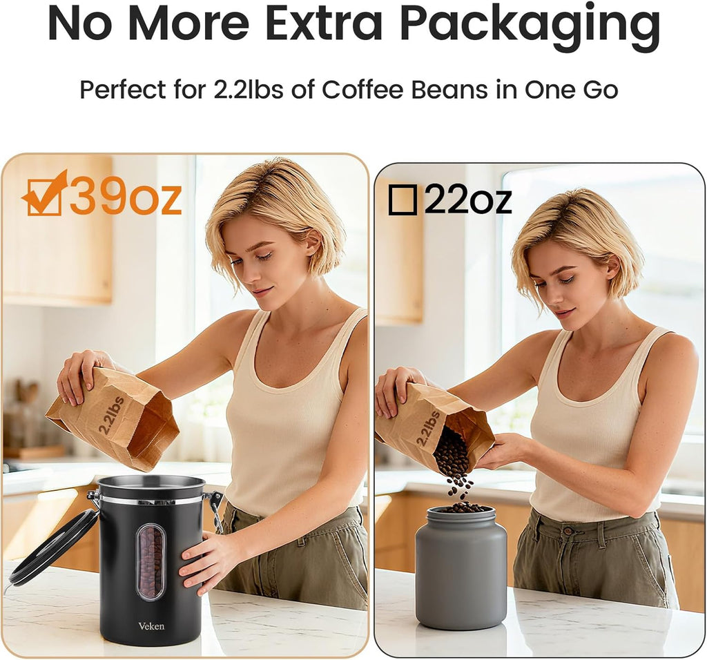 Large Coffee Canister with Window, Kitchen Food Storage Airtight Stainless Steel Container for 2.2Lbs Coffee Beans, Grounds, Rice,Tea, Flour, Cereal, Sugar Jars,Date Tracker and Scoop 39Oz,Black