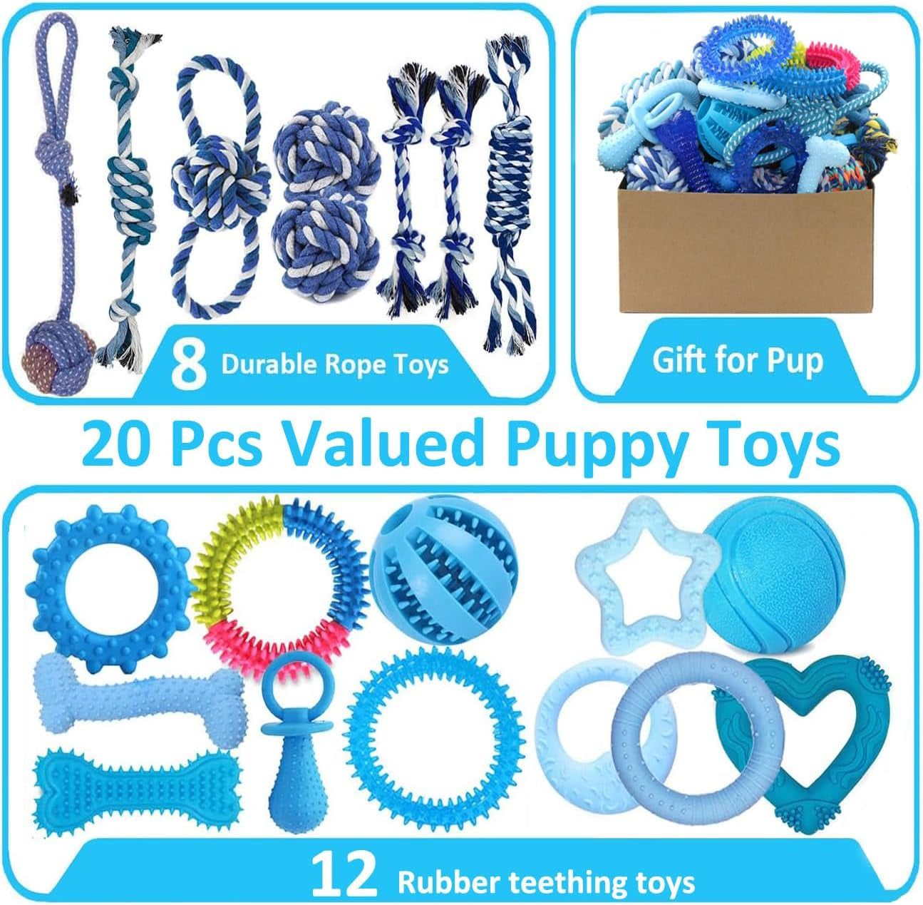20 Pack Puppy Chew Toys - Blue Dog Teething Toys for Puppies, Puppy Teething Rings and Ropes, Rubber Toy Bundle for Small Dogs, Cute Interactive Dog Balls for Small Breed