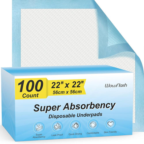 100 Count 22” X 22” Super Absorbency Disposable Underpads, Leakproof Quick Drying Disposable Pads for Baby, Puppy and Adults, Puppy Pads, Cat Pee Pads for Dogs, Potty Puppy Training Pads